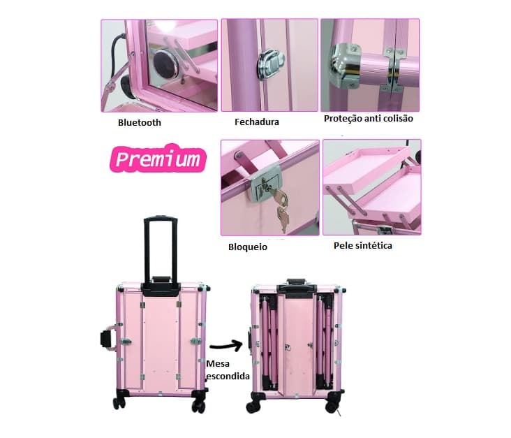🌸 Professioneller Trolley mit LED-Lichtern Bluetooth-Musik Rosa/Schwarz - 3