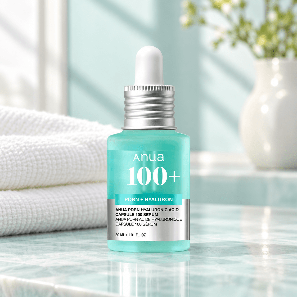 Anua PDRN Hyaluronic Capsule 100 Serum — Hidratação 30 ml — imagem de apresentação num cenário de skincare