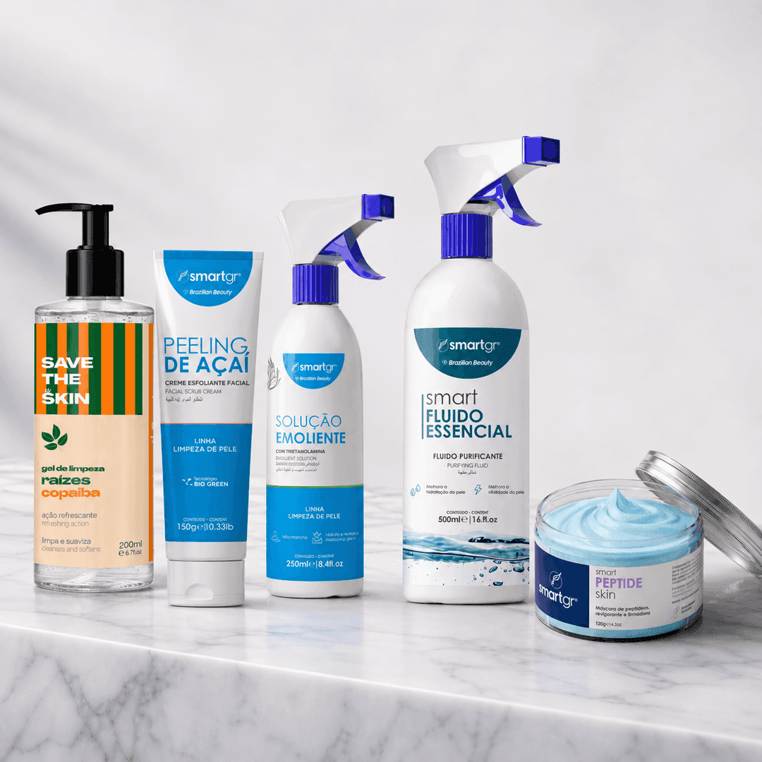 Kit de limpeza de pele Smart GR com Sabonete Raízes de Copaíba 200 ml, Peeling de Açaí, Solução Emoliente, Fluido Essencial e Máscara de Peptídeos.