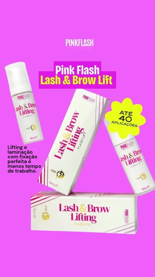 Kit Pink Flash Pump Lash & Brow Lift com os passos 1 e 2 em frascos de 15 ml.