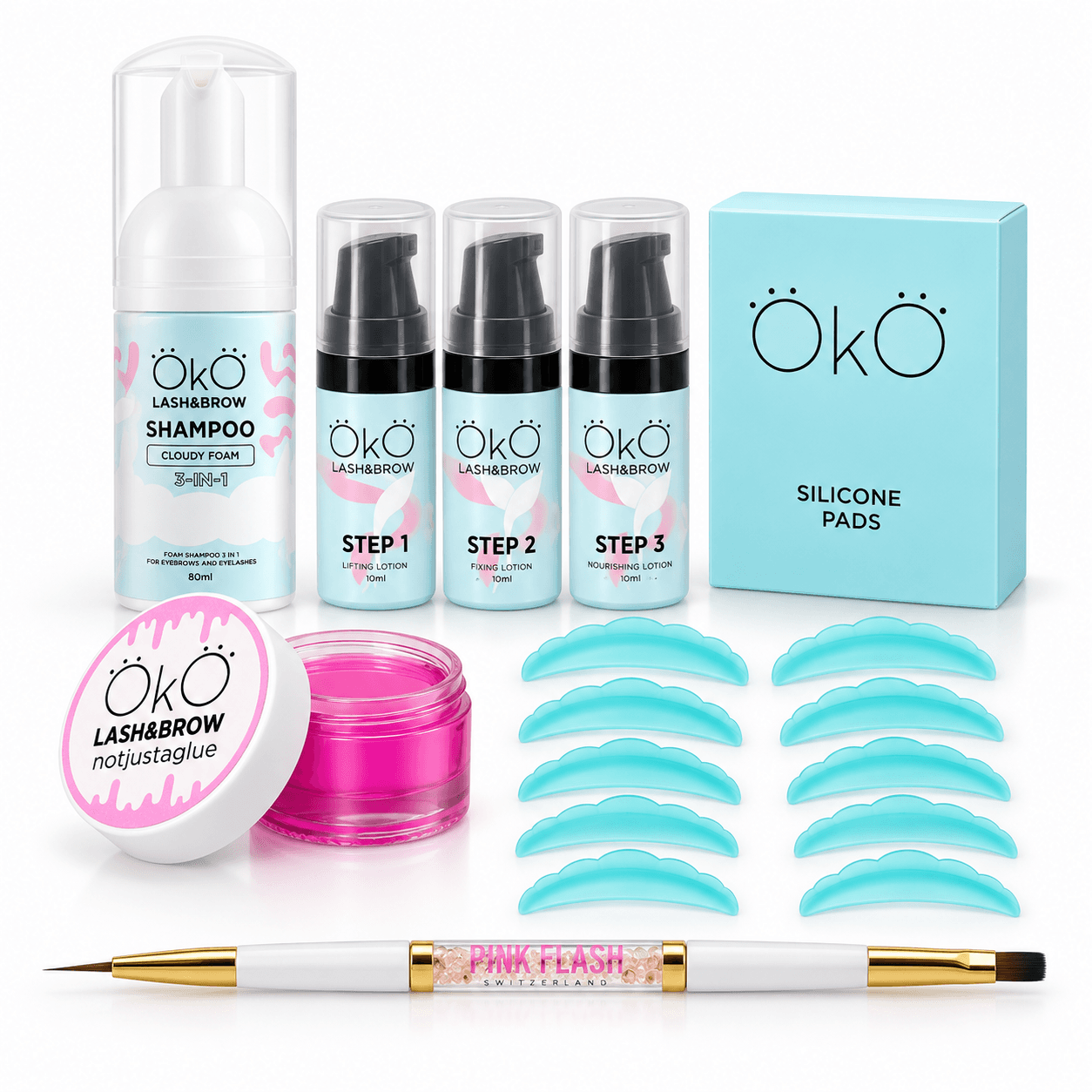 Kit Lash Lift OKO completo com passos 1, 2 e 3, Espuma Nublada 80 ml, Lash Lami Balm, cinco pares de moldes de silicone e pincel 2 em 1 Pink Flash.