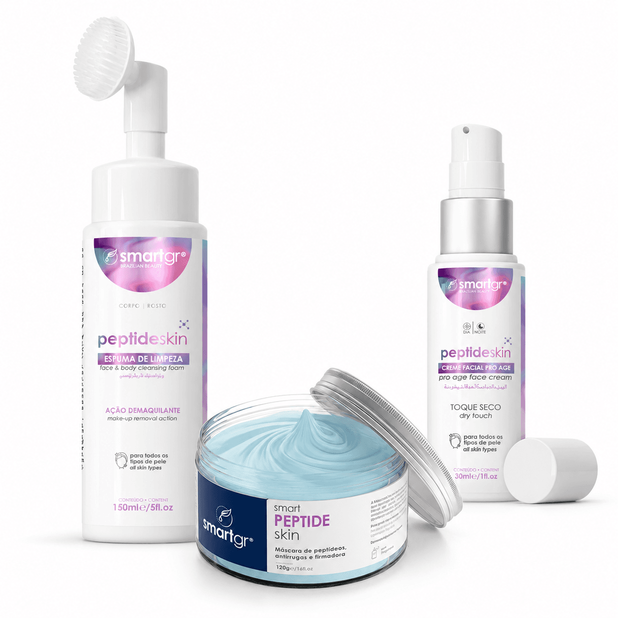 Kit Limpeza de Pele com Peptídeos Smart GR com espuma 150 ml, máscara 120 g e creme 30 ml, composição ilustrativa
