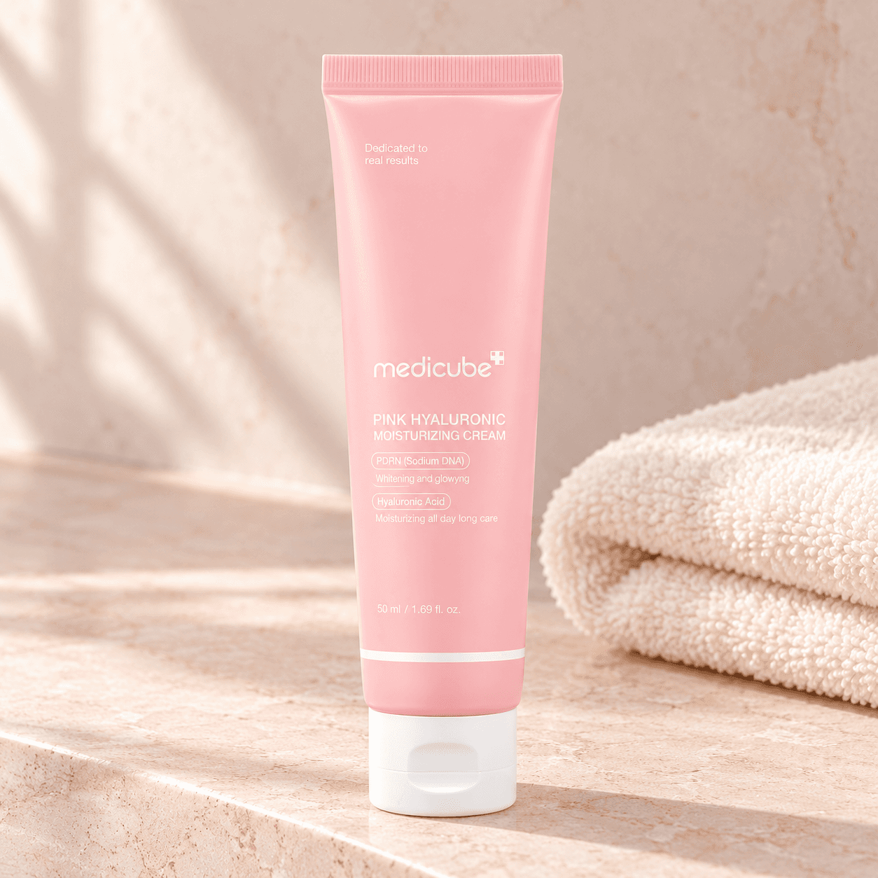 Medicube PDRN Pink Hyaluronic Cream — Hidratação 50 ml — imagem de apresentação num cenário de skincare