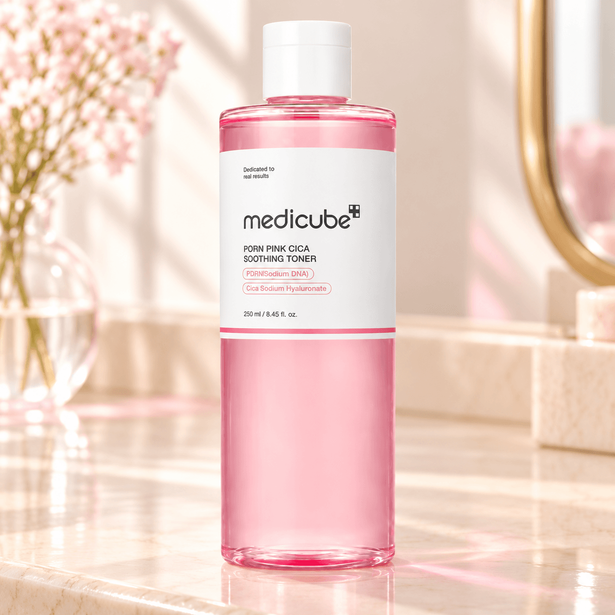 Medicube PDRN Cica Toner — Hidratação e Conforto 250 ml — imagem de apresentação num cenário de skincare