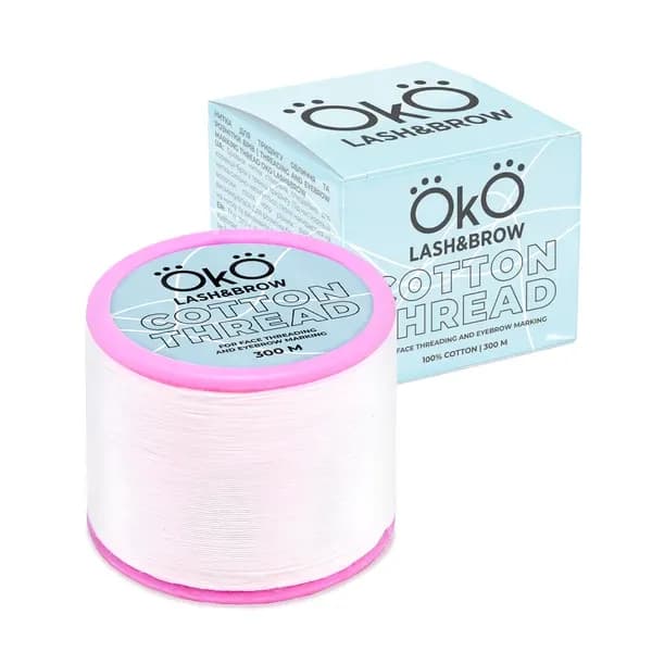 Linha de algodão OKO Lash&Brow Cotton Thread de 300 m, com rolo e caixa.