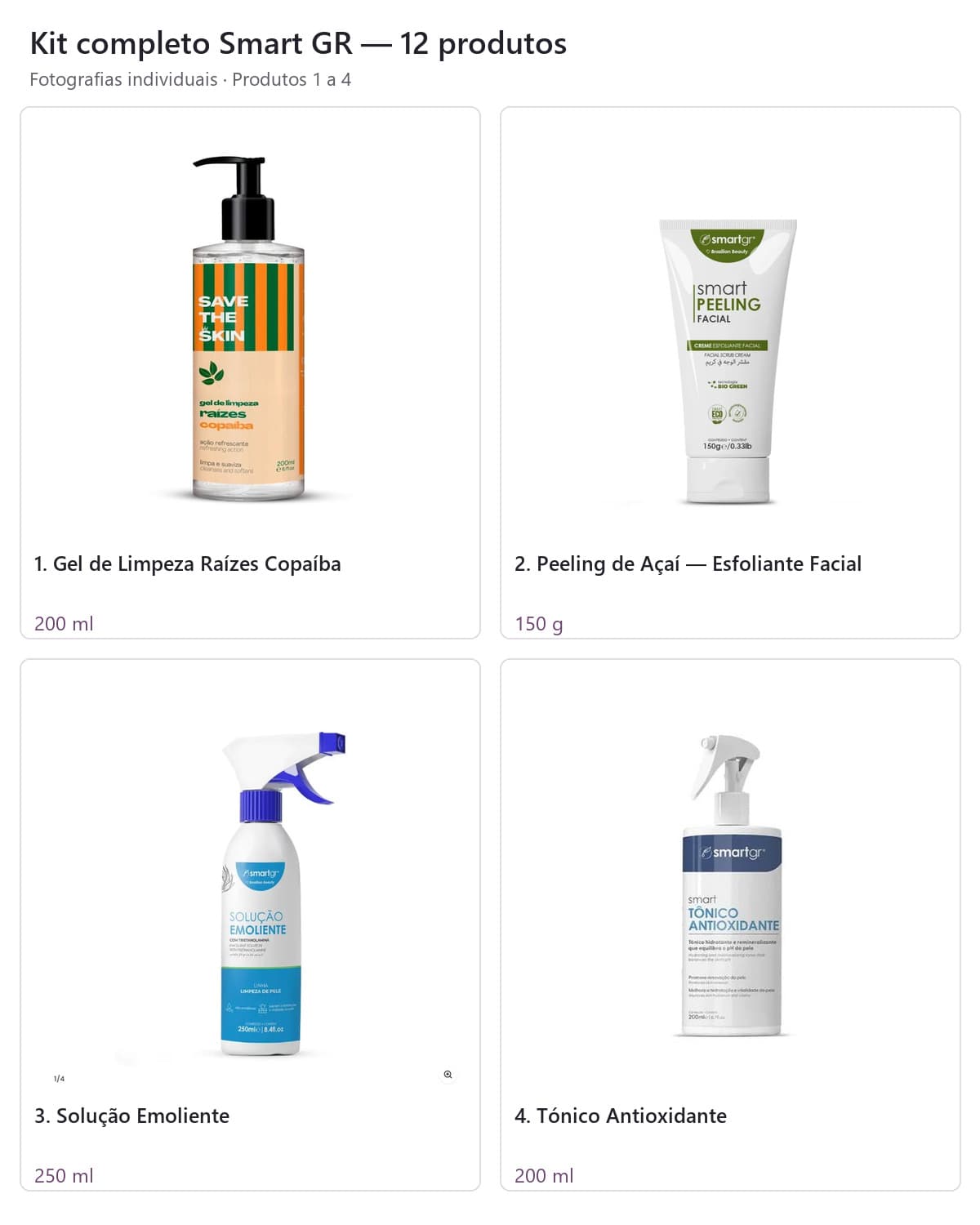 Gel Raízes Copaíba 200 ml, esfoliante facial 150 g, Solução Emoliente 250 ml e Tónico Antioxidante 200 ml