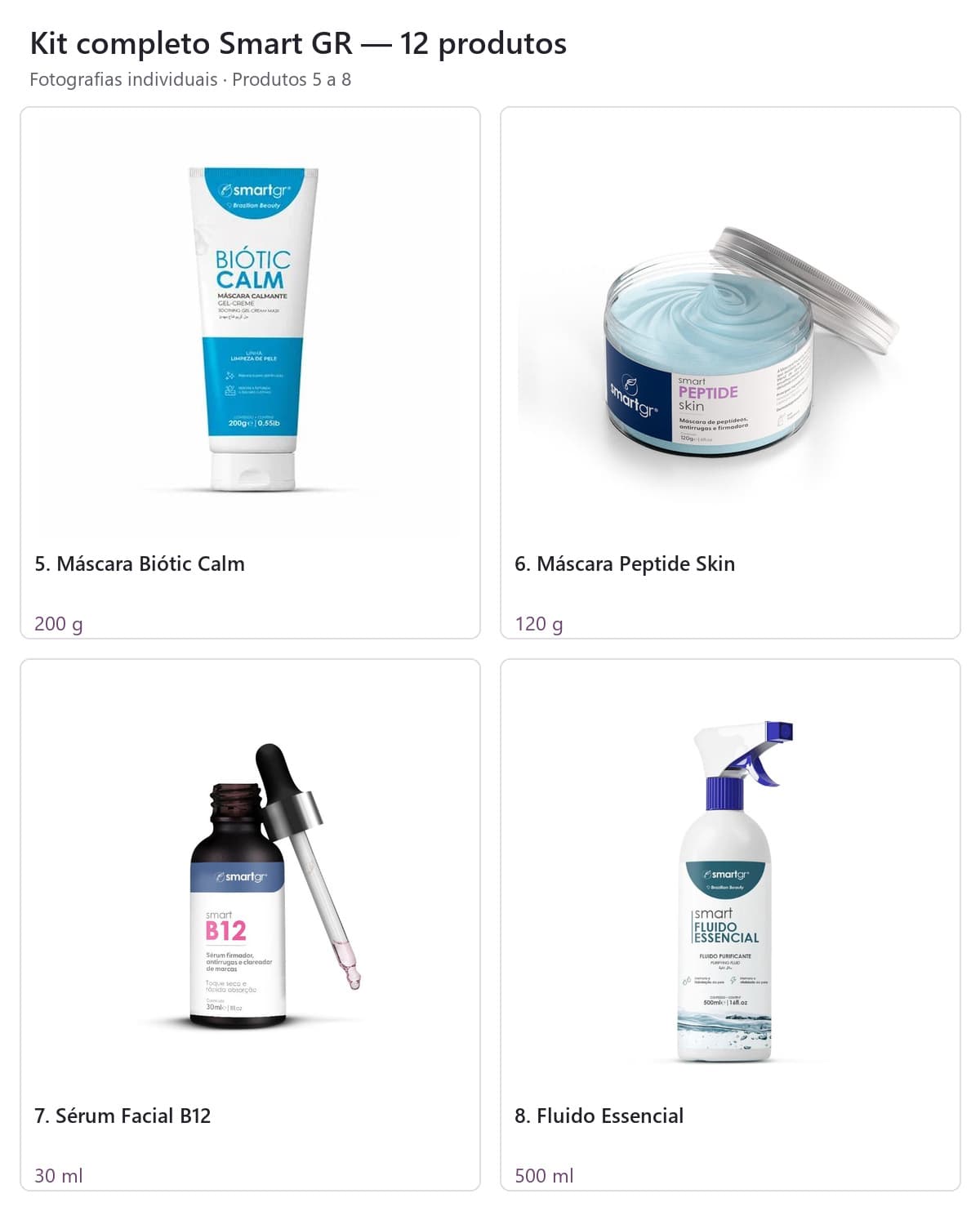 Máscara Biótic Calm 200 g, máscara Peptide Skin 120 g, sérum B12 30 ml e Fluido Essencial 500 ml