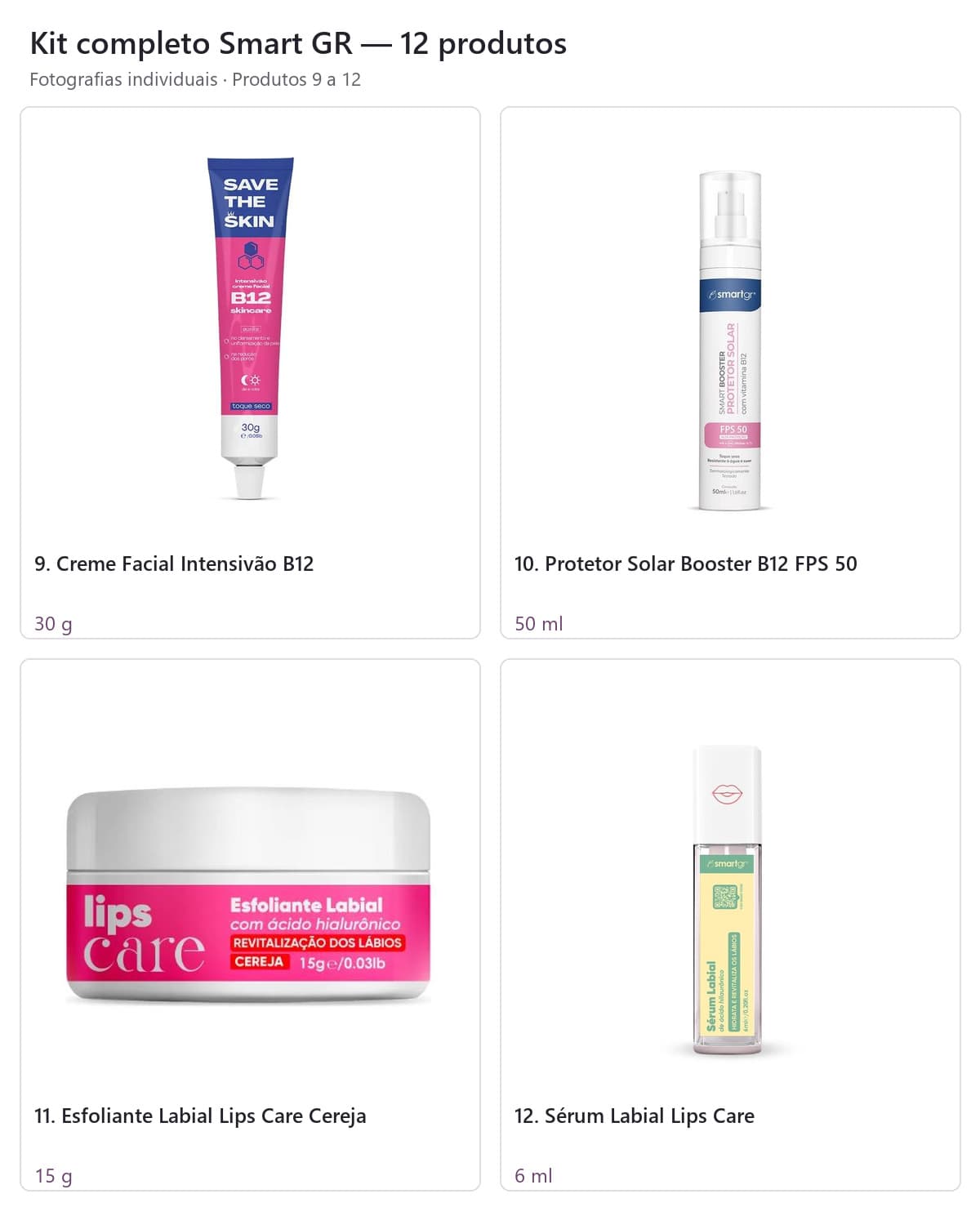 Creme Intensivão B12 30 g, protetor B12 FPS 50 de 50 ml, esfoliante labial Cereja 15 g e sérum labial 6 ml