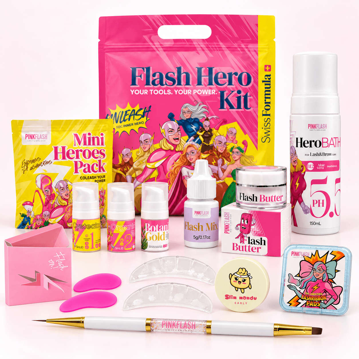 Korean Lash Lift Starter kit by Pink Flash and Early — Mini Heroes, Lashribbon, preparation shields, cleanser and professional accessories