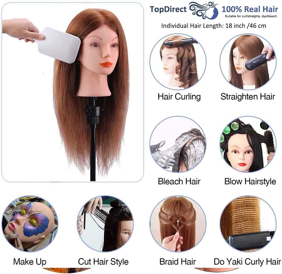 Mannequin Head 45cm 100% Human Hair + Stand + Accessories - 5