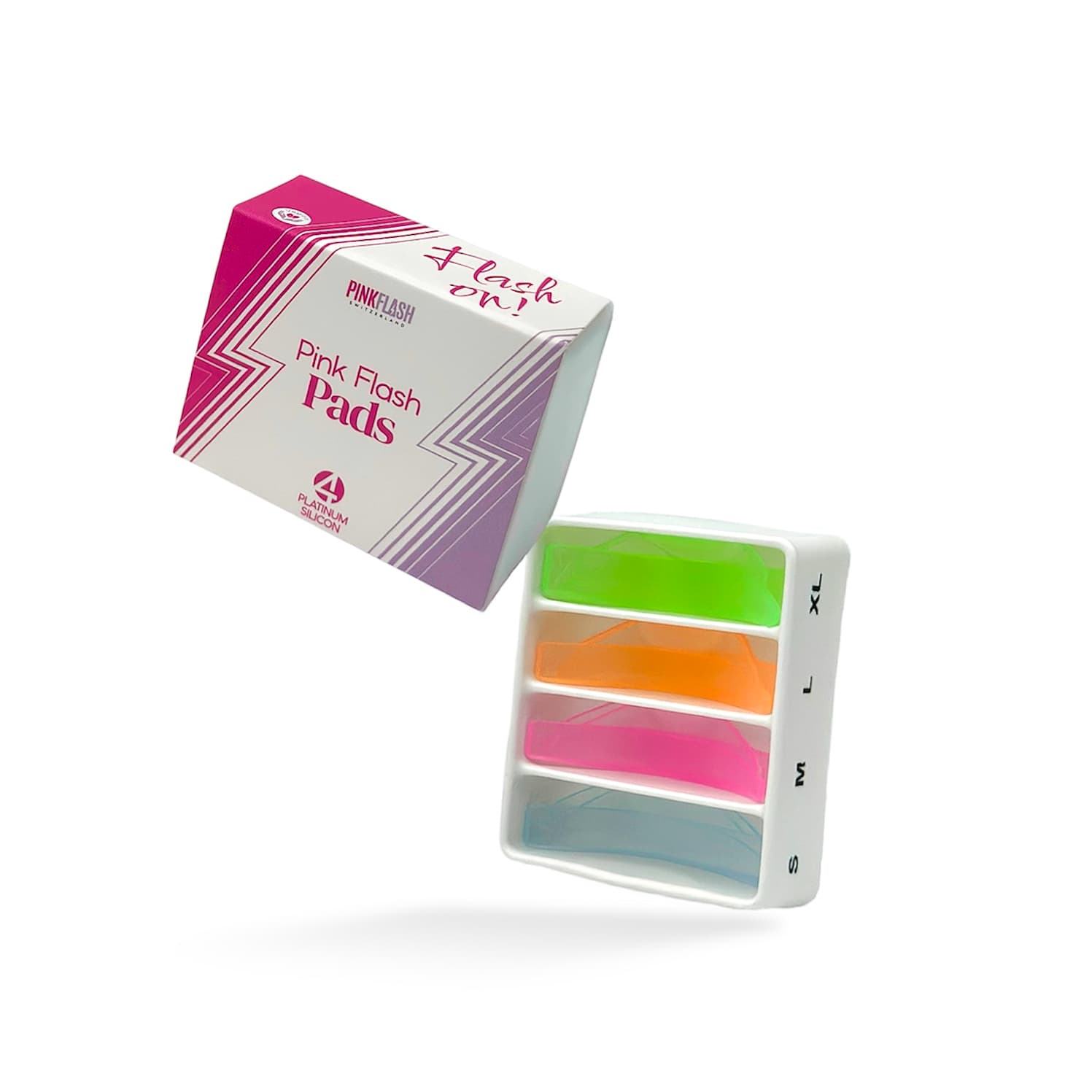 Pink Flash Pads – moldes de silicone nos tamanhos S, M, L e XL em caixa organizadora