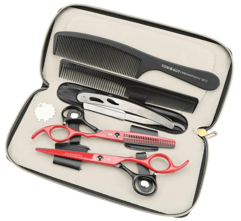 Kit Tijeras Rojo y Negro de Peluquería Barbero 6 Piezas