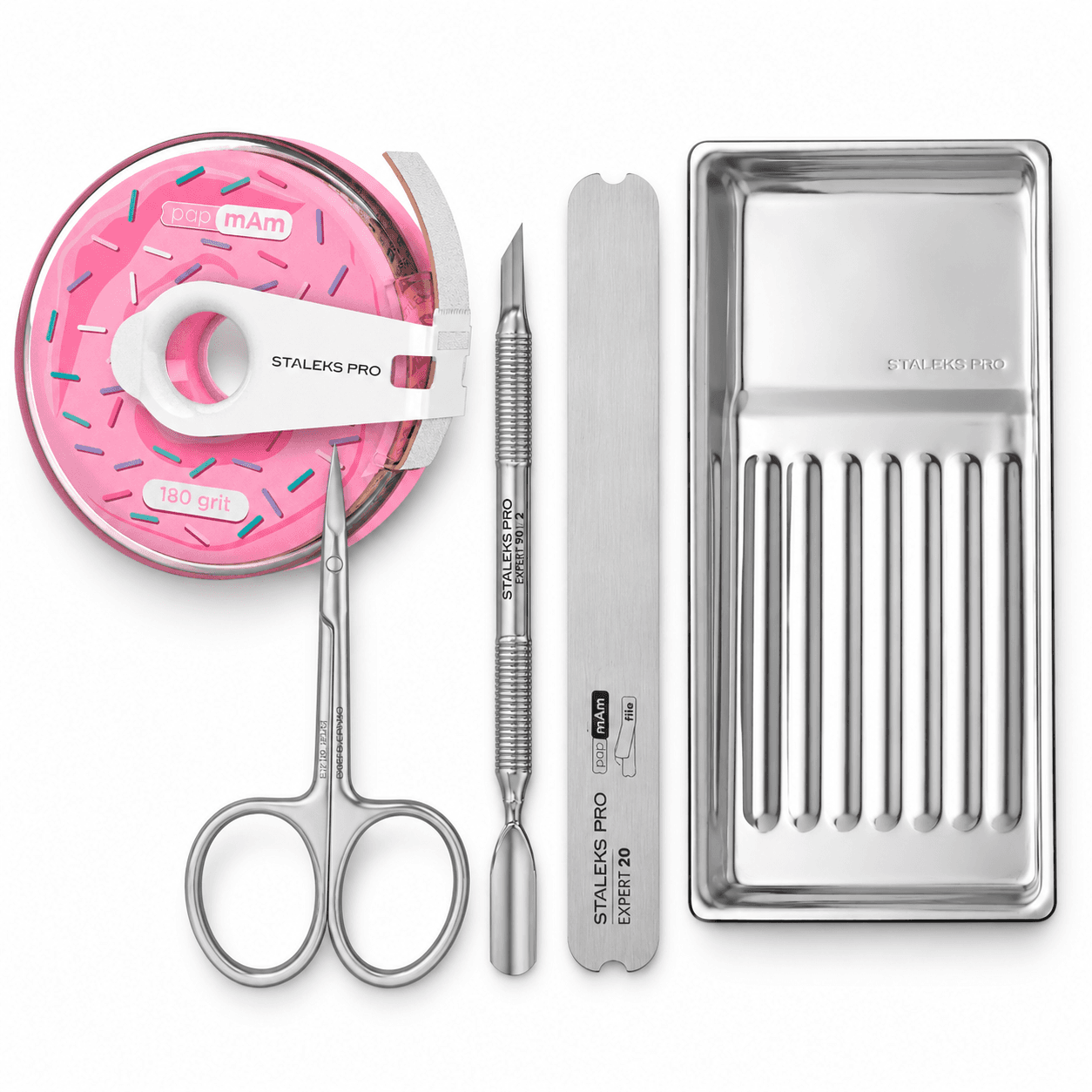 Kit Manicure Profissional STALEKS com tesoura SE-20/2, espátula PE-90/2, base MBE-20, Donut PapmAm ATC-180W e tabuleiro LE-10/1