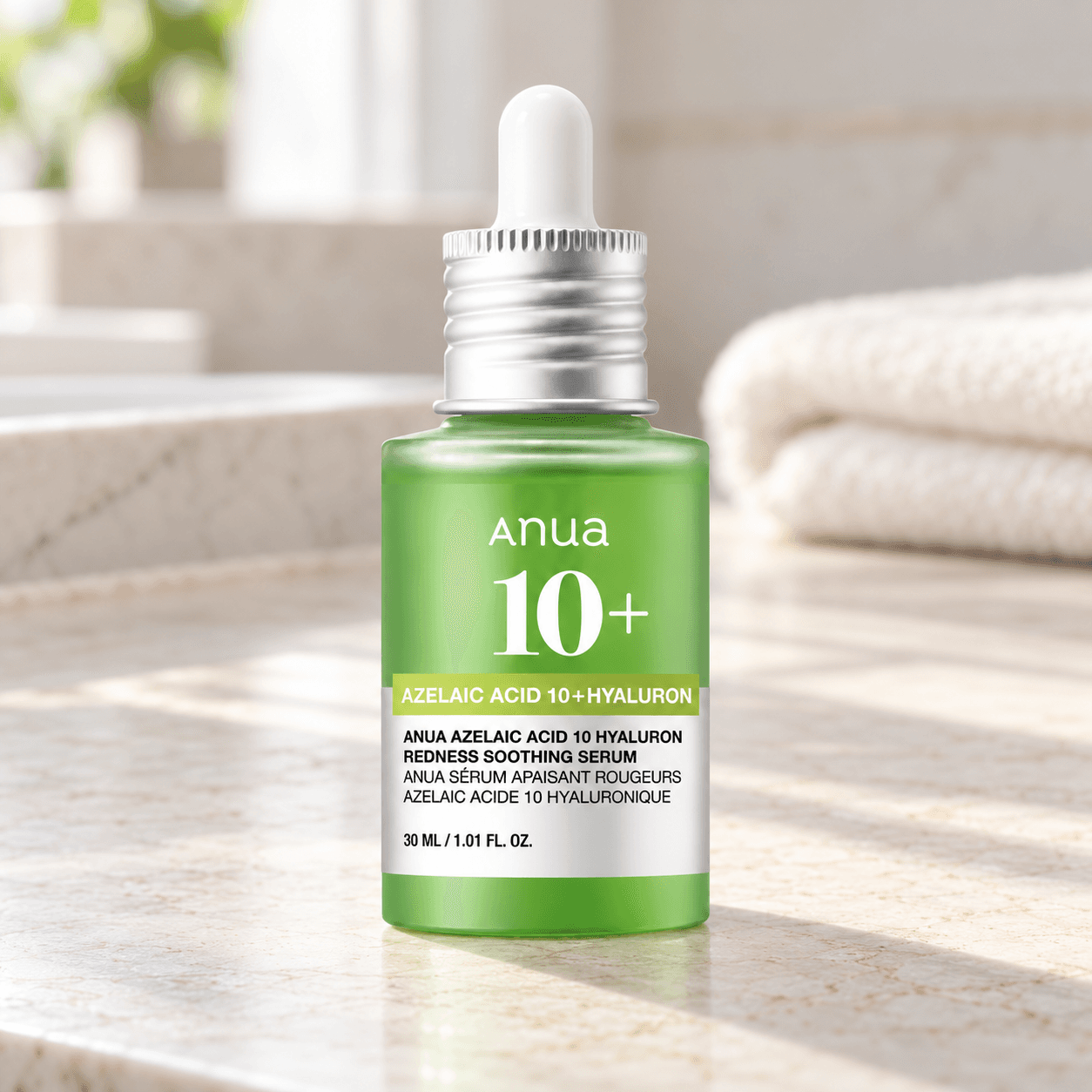 Anua Azelaic Acid 10 Hyaluron Redness Soothing Serum — Sérum 30 ml — composição ilustrativa do produto em ambiente de cuidados de pele