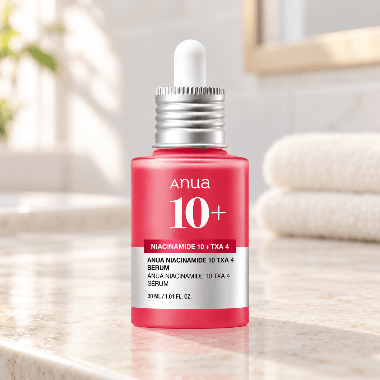 Anua Niacinamide 10% + TXA 4% — Sérum Uniformizador 30 ml — composição ilustrativa do produto em ambiente de cuidados de pele