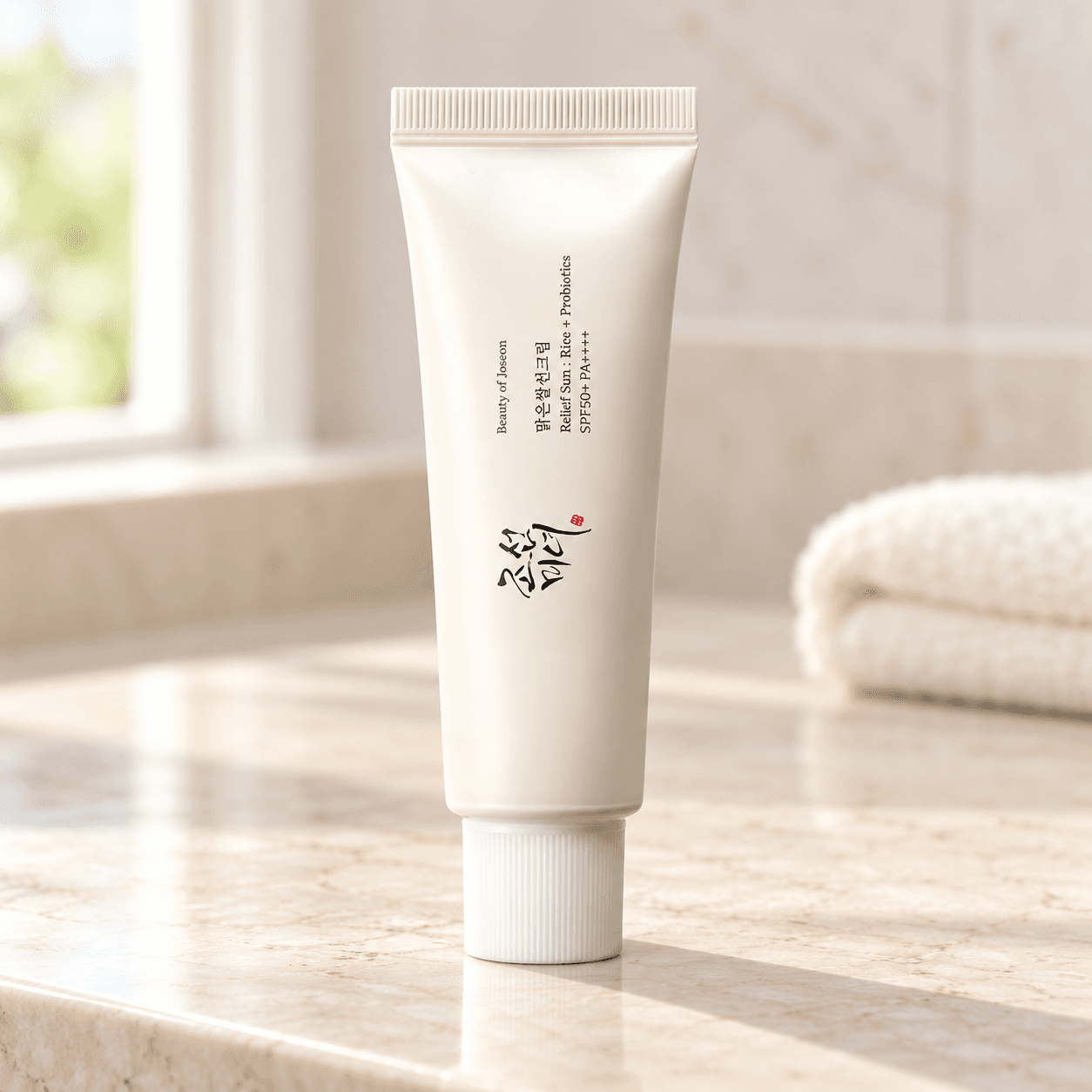 Beauty of Joseon Relief Sun Rice + Probiotics SPF50+ — Protetor Solar 50 ml — composição ilustrativa do produto em ambiente de cuidados de pele