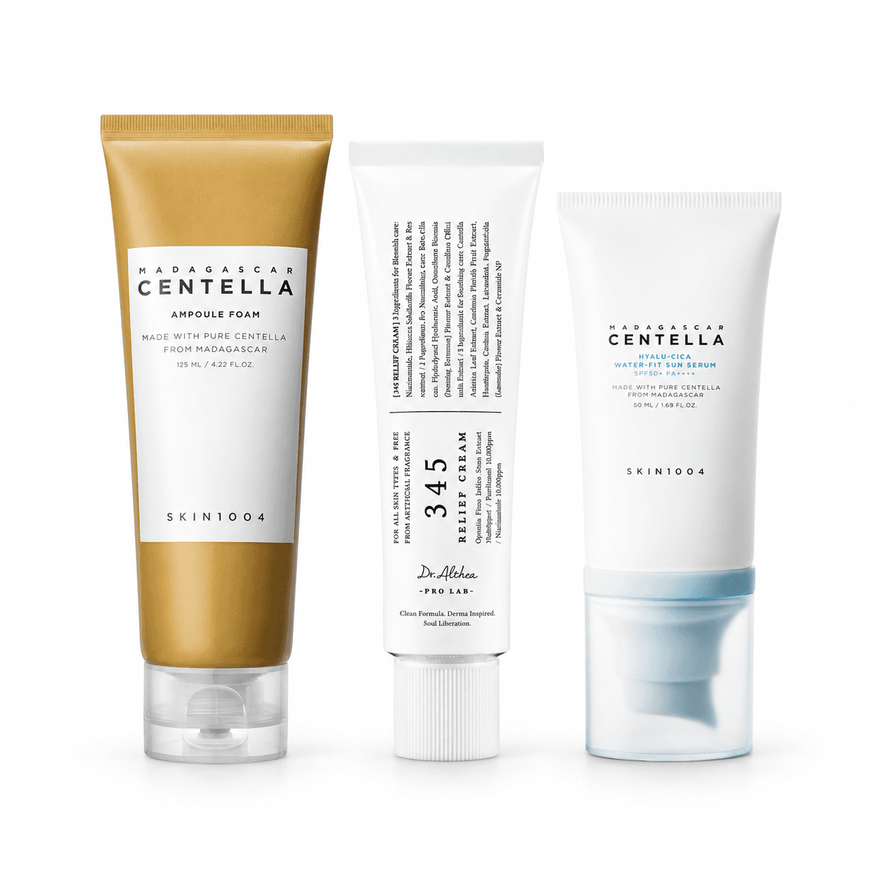 Kit Skincare Coreana Essencial — Limpeza, Hidratação e SPF50+ — composição ilustrativa do conteúdo exato do kit