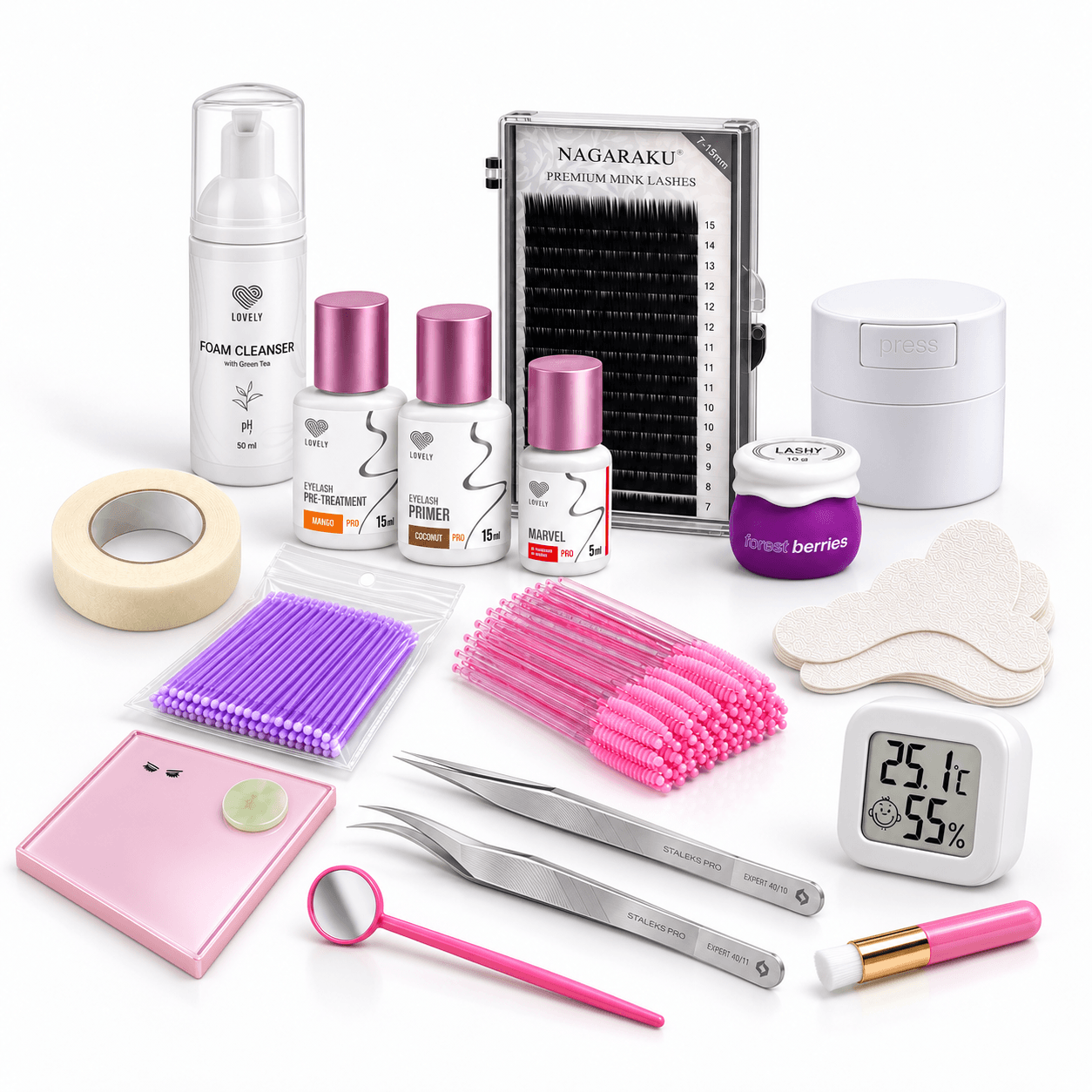 Kit Extension de Cils Cacau PRO avec ses 17 composants réunis : produits Lovely, cils Nagaraku, deux pinces Staleks et accessoires.
