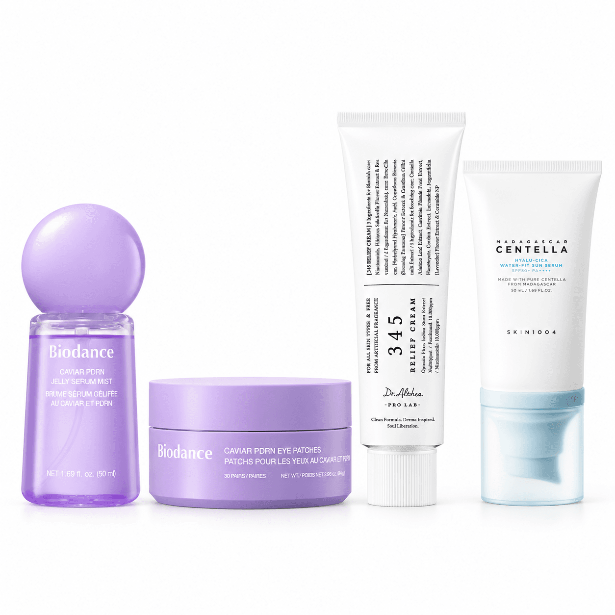 Kit Coreano Profissional — Finalização com SPF, 4 produtos distintos: bruma e patches Biodance, creme Dr. Althea 345 e protetor SKIN1004 — composição ilustrativa