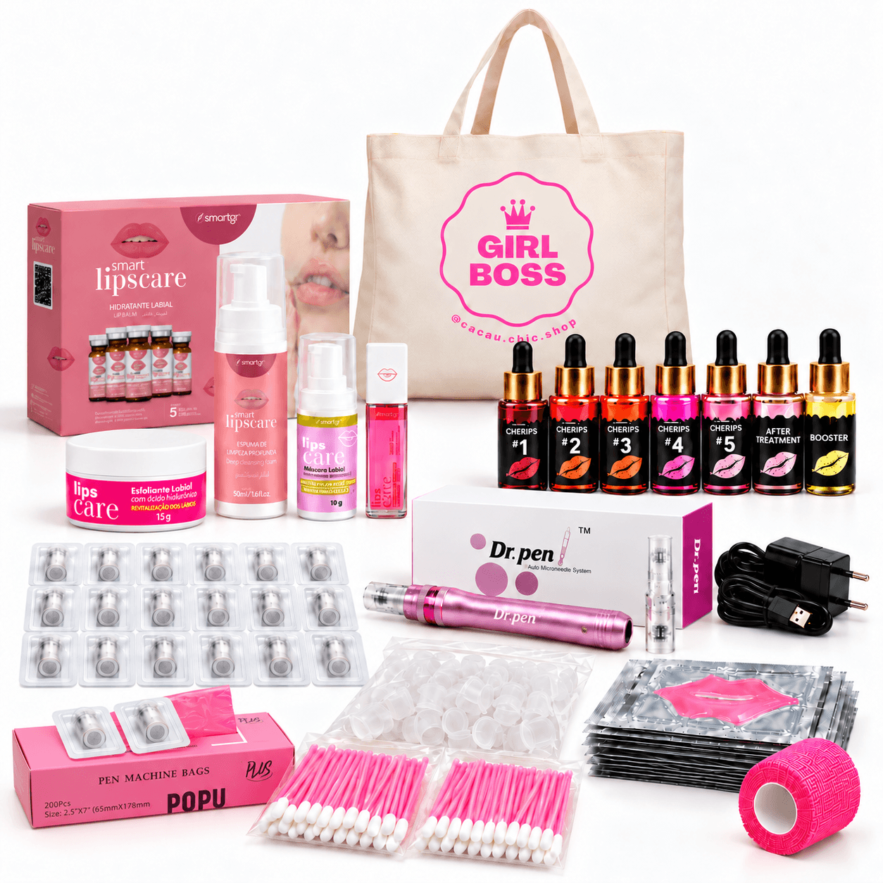 Hidragloss MASTER Kit mit rosa M7 Dermapen, Smart GR, sieben Cherips-Flaschen, 20 Nano-Kartuschen, einer Packung mit 200 rosa Schutzhüllen, transparenten Mini Ink Cups und Girl Boss Tote Bag.