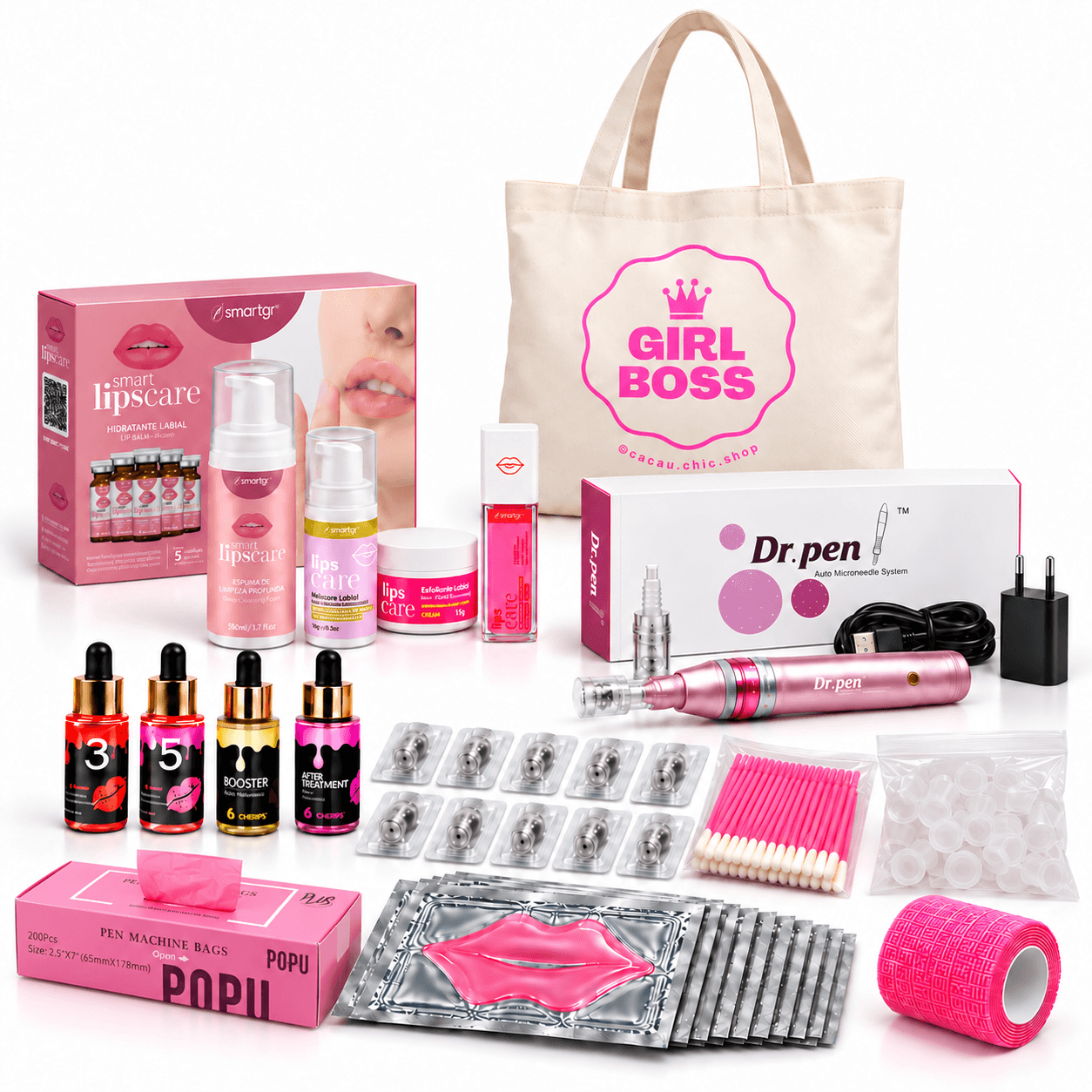 Kit Hidragloss PRO Duo com Dermapen M7 rosa, Smart GR, duas cores Cherips, Booster, After Treatment, 10 recargas Nano, uma embalagem de 200 capas rosa, Mini Ink Cups transparentes e Tote Bag Girl Boss.