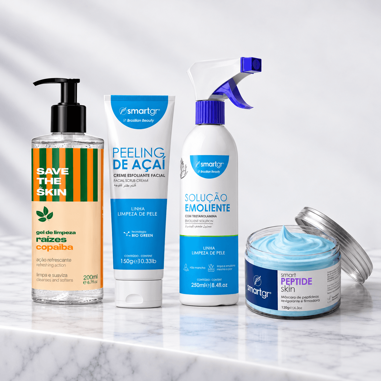 Kit de limpeza de pele profissional Smart GR com gel Raízes Copaíba 200 ml, esfoliante Açaí 150 g, solução emoliente 250 ml e máscara Peptide Skin 120 g. Composição ilustrativa.
