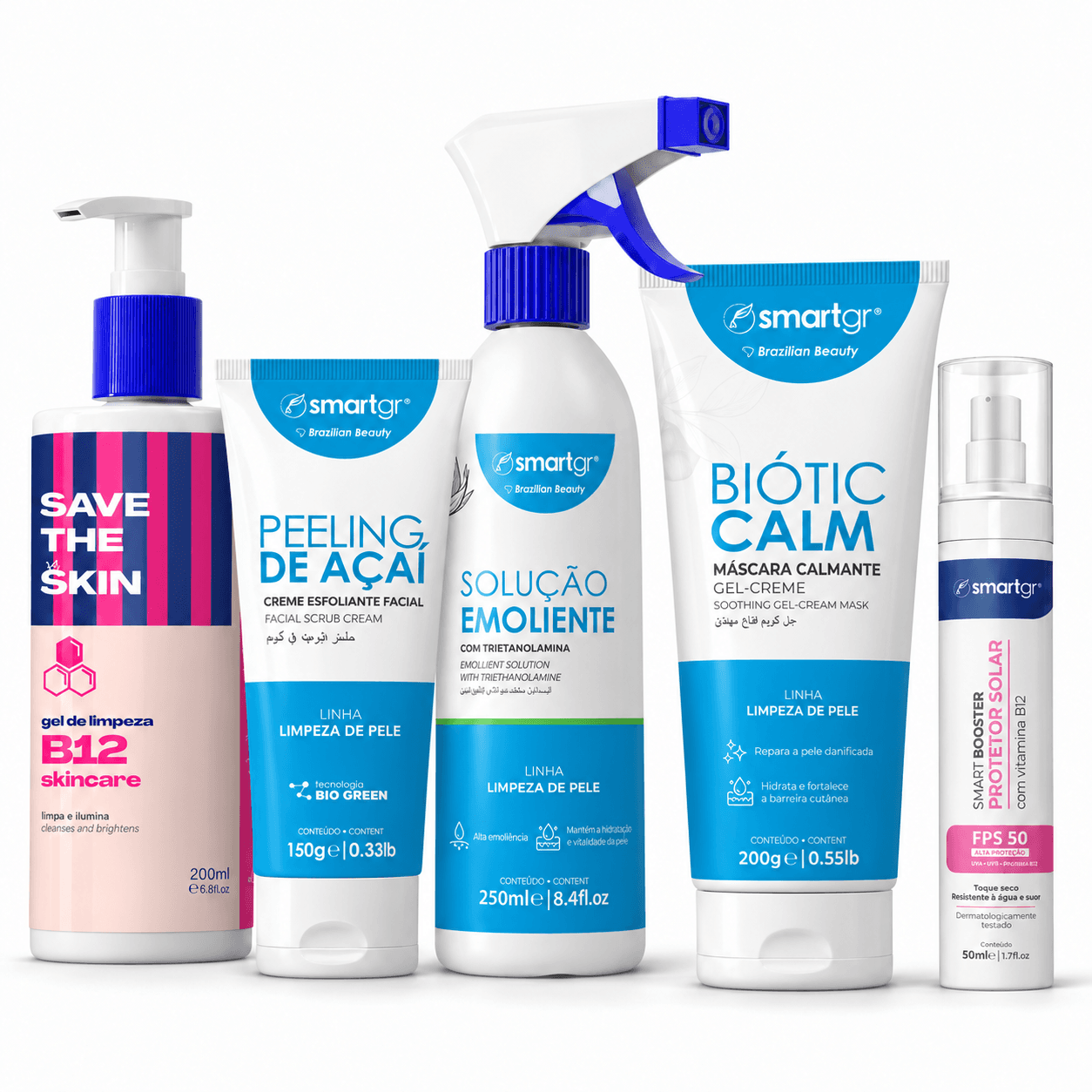 Kit Limpeza de Pele Smart GR Conforto e Proteção: gel B12 Save The Skin 200 ml, Peeling de Açaí 150 g, solução emoliente 250 ml, Biótic Calm 200 g e protetor B12 FPS 50 de 50 ml