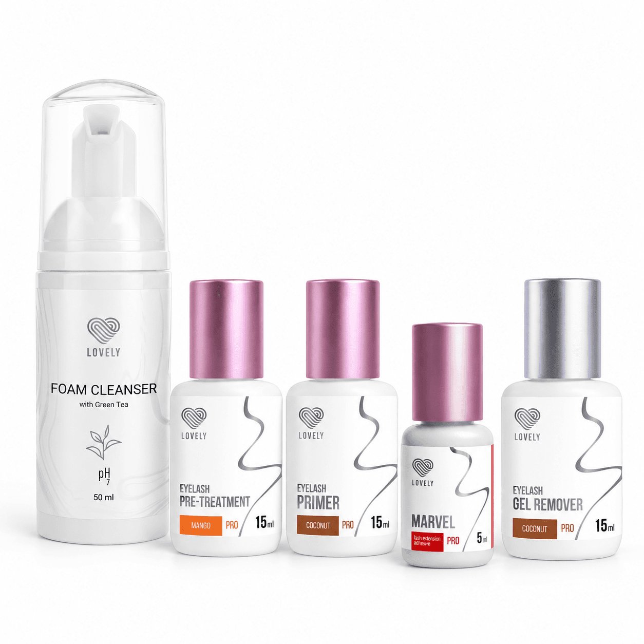 Kit Lovely de cinq produits : mousse nettoyante Green Tea 50 ml, prétraitement Mangue 15 ml, primer Coco 15 ml, colle Marvel noire 5 ml et dissolvant en gel Coconut 15 ml.