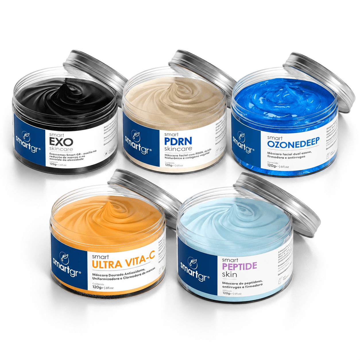 Kit Masques Visage Smart GR avec Exo, PDRN, Ozonedeep, Ultra Vita-C et Peptide Skin, cinq pots de 120 g, composition illustrative