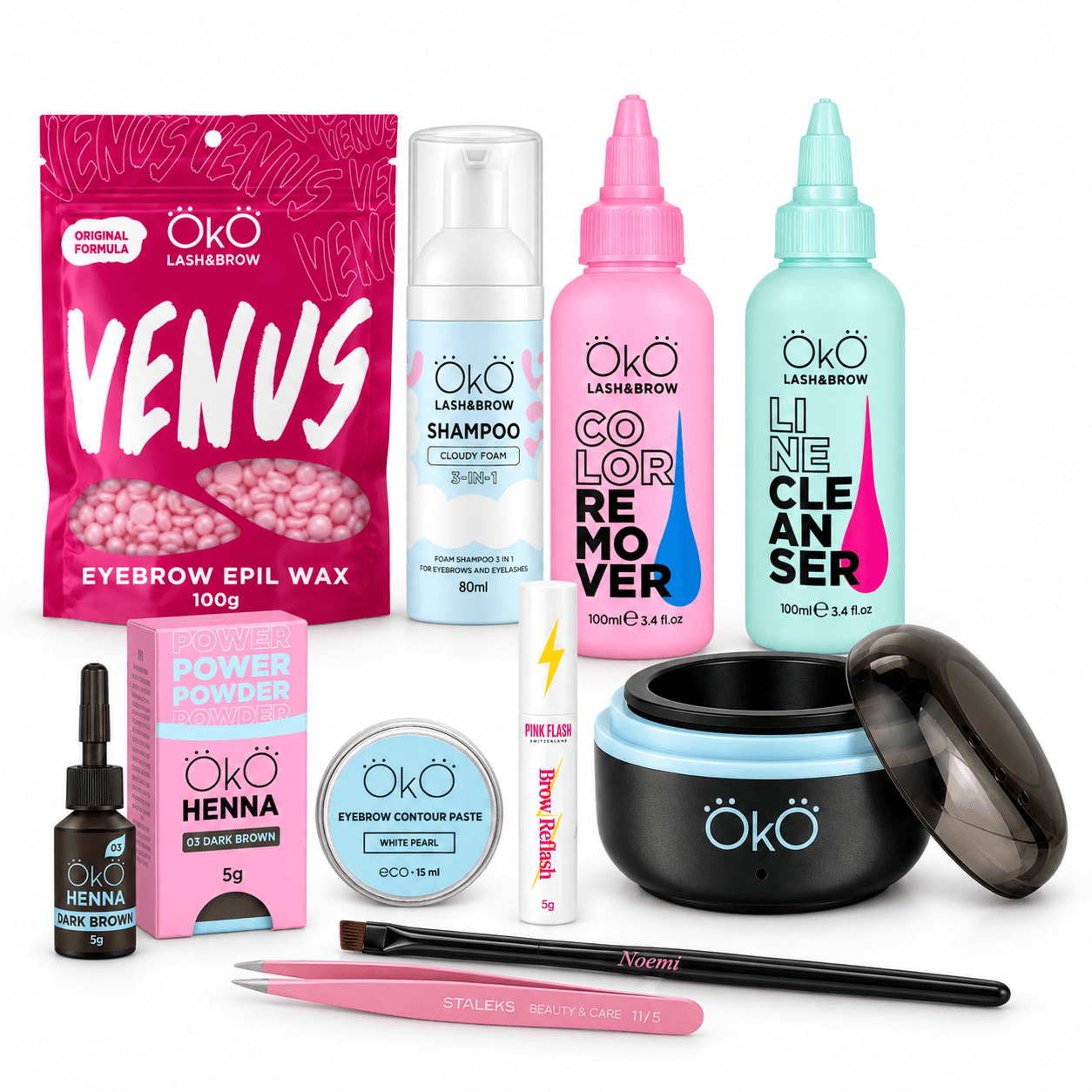 Kit Master OKO com os 10 produtos: henna, cera Venus, aquecedor preto, espuma, limpador, removedor, pasta White Pearl, pincel Noemi, pinça Staleks e gel Pink Flash.
