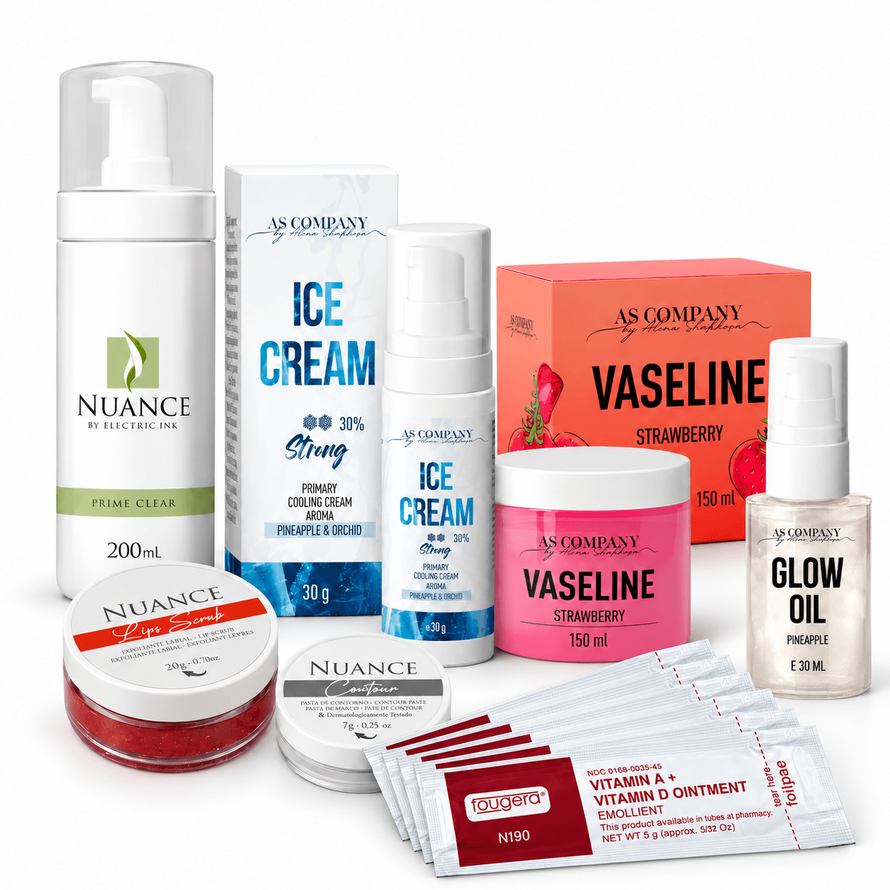 Kit de micropigmentação labial com Prime Clear, Lip Scrub e Contour Nuance, Ice Cream, Vaseline Morango, Glow Oil Pineapple e 5 saquetas A+D de 5 g