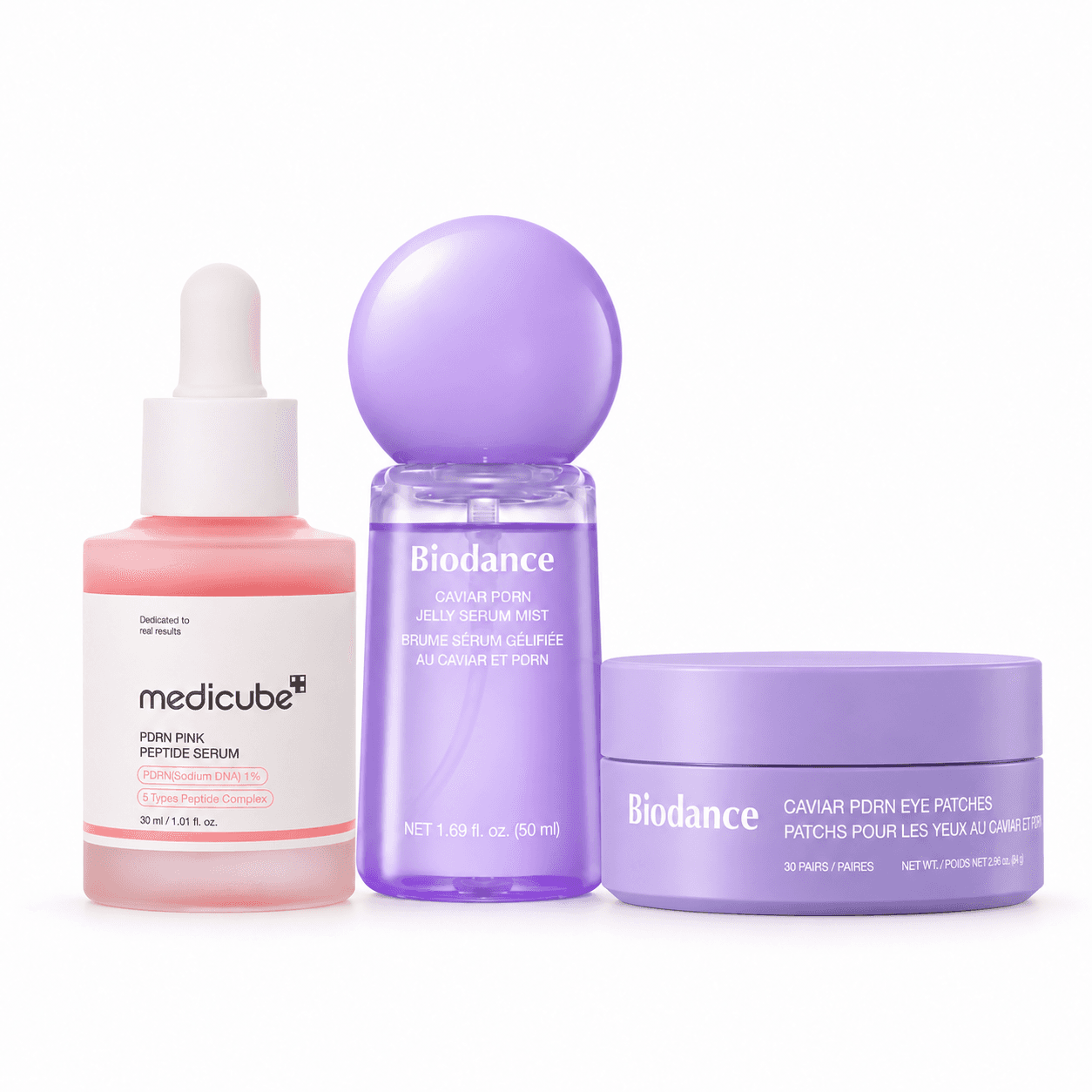 Kit Skincare Coreana PDRN Glow — Sérum, Bruma e Olhos — composição ilustrativa dos três produtos