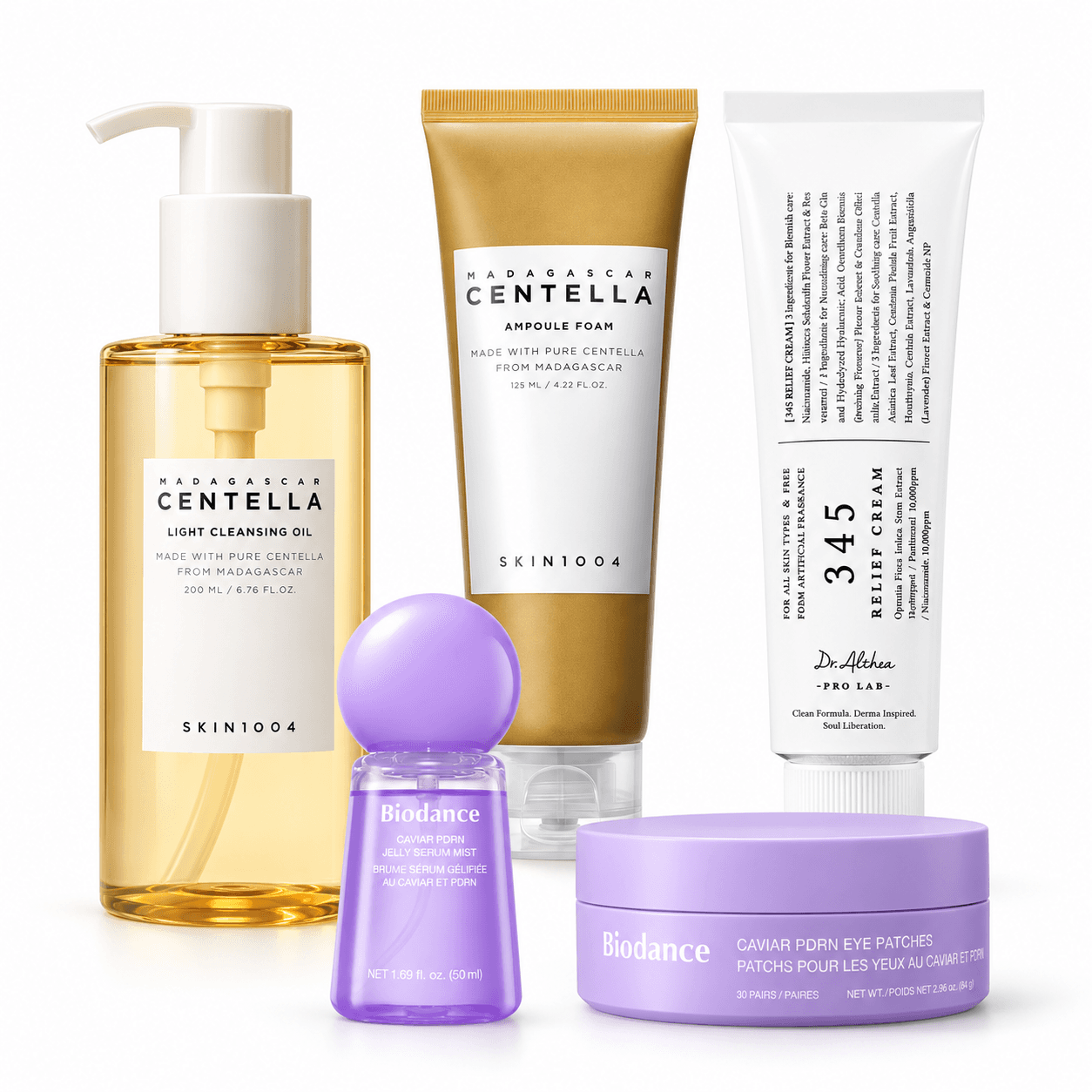 Kit Profissional Skincare Coreana — Ritual de Limpeza e Hidratação, 5 Produtos — composição ilustrativa do conteúdo exato do kit
