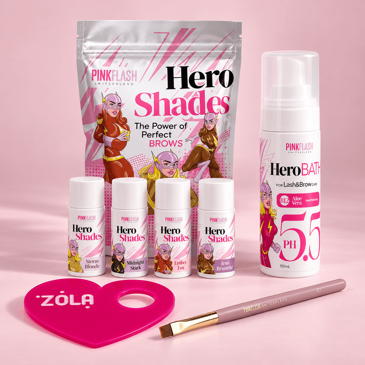 Kit Brow Design PRO com Hero Bath 150 ml, Hero Shades com 4 tinturas, pincel Pink Flash Fine Lines 01 e paleta ZOLA em coração