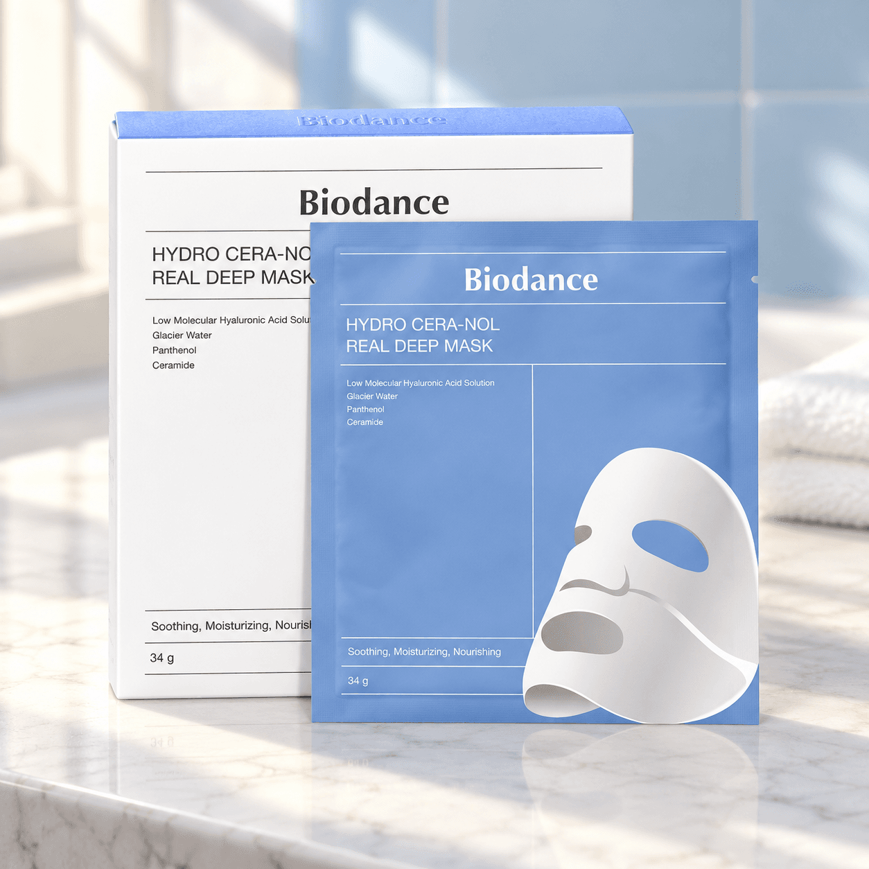 Biodance Hydro Cera-Nol Real Deep Mask — Hidratação 4 un. — composição ilustrativa do produto num ambiente de cuidados de pele