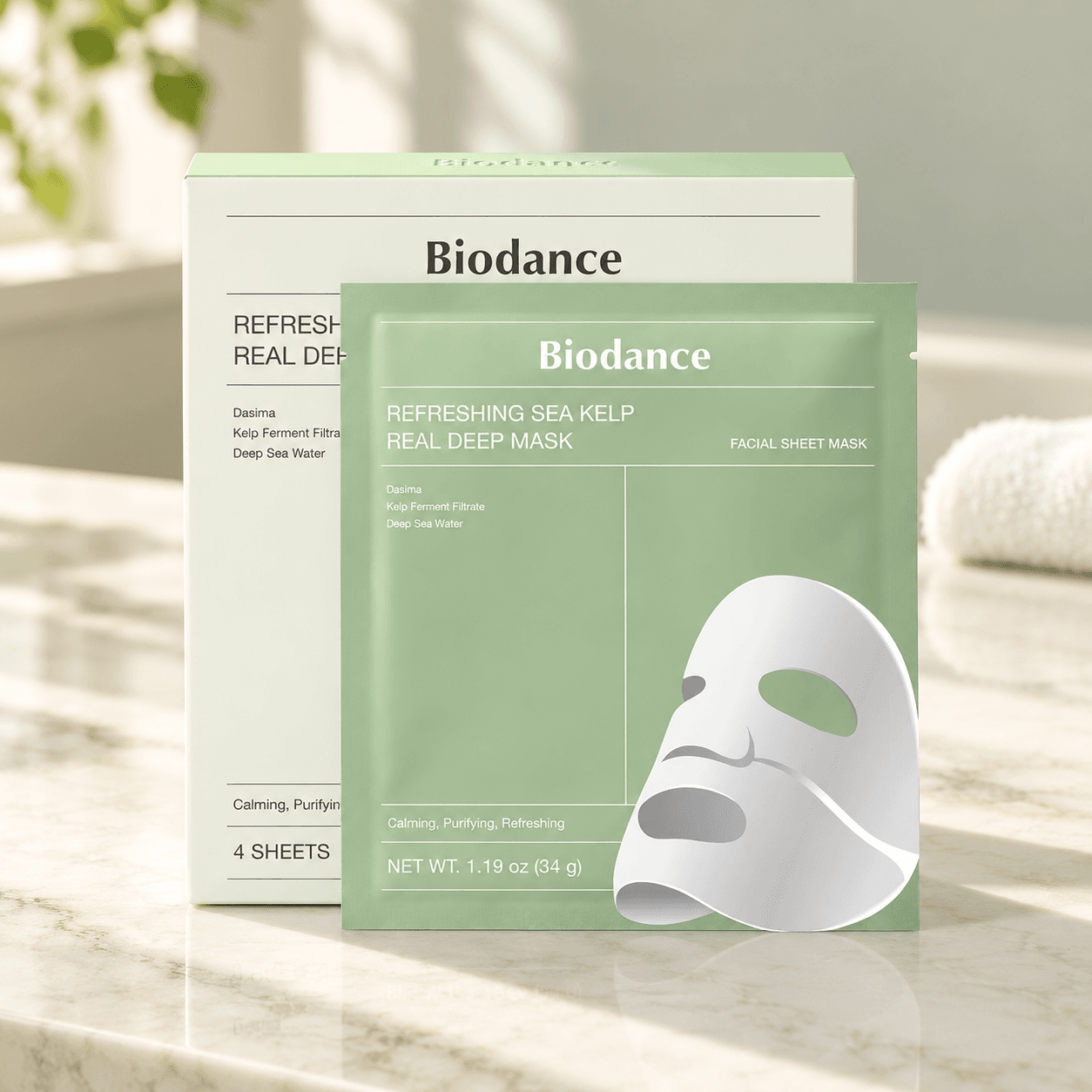 Biodance Sea Kelp Real Deep Mask — Frescura 4 un. — composição ilustrativa do produto num ambiente de cuidados de pele