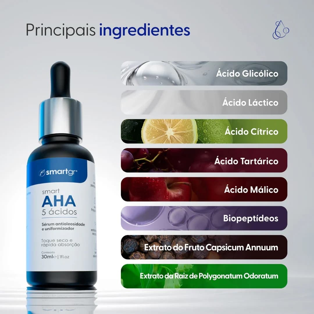 Sérum AHA 5 Ácidos Smart GR 30 ml, cinco alfa-hidroxiácidos, biopeptídeo e extratos botânicos
