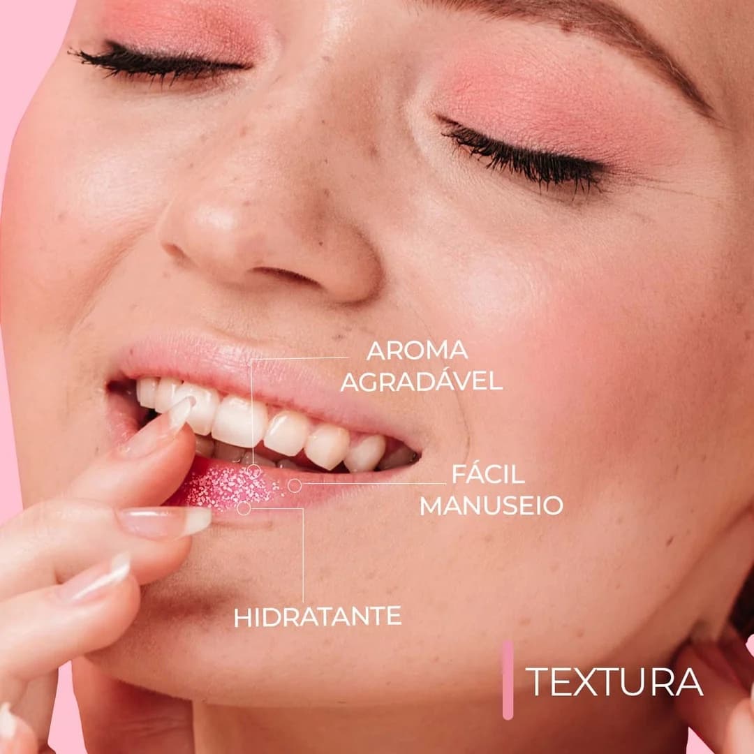 Esfoliante Labial Tutti Frutti Lips Care Smart GR 15 g, textura e aplicação nos lábios